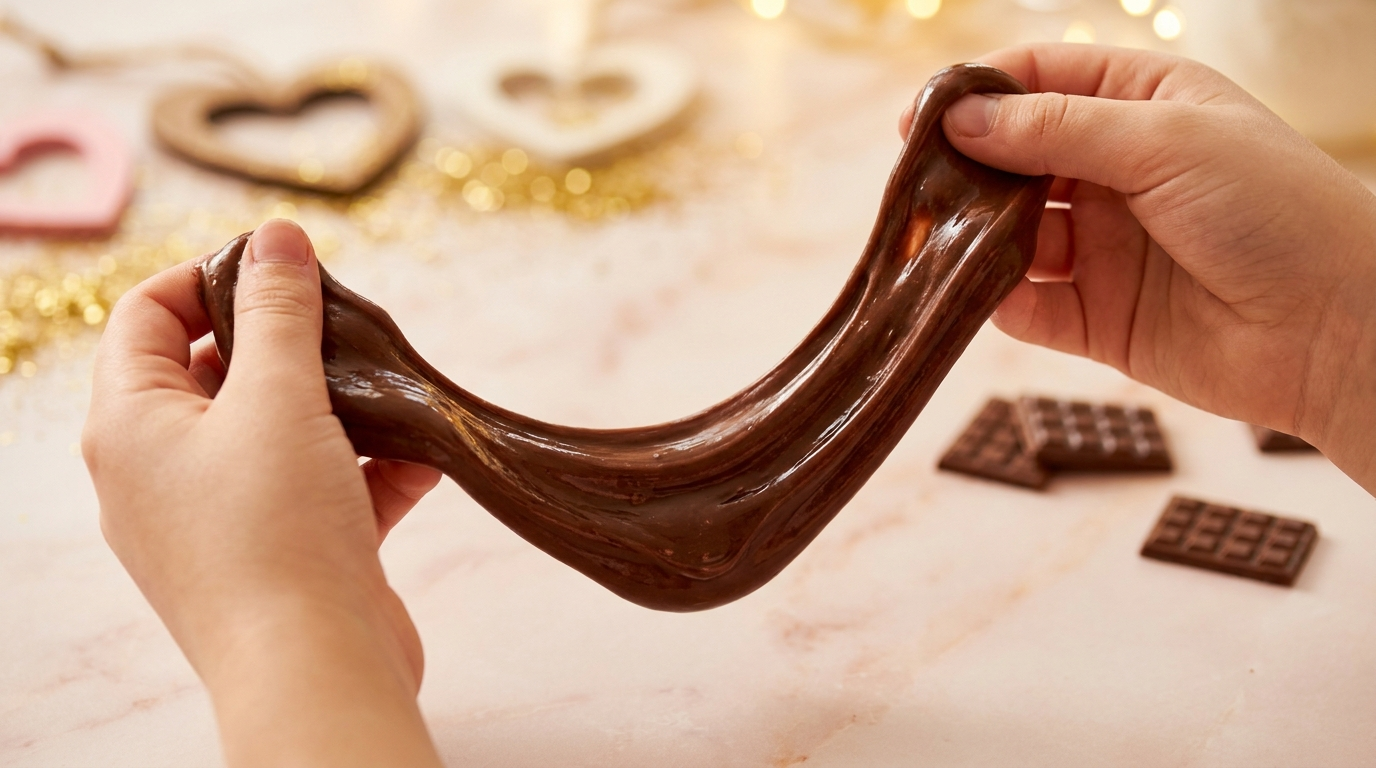 Kid fingers pressing into squishy chocolate slime