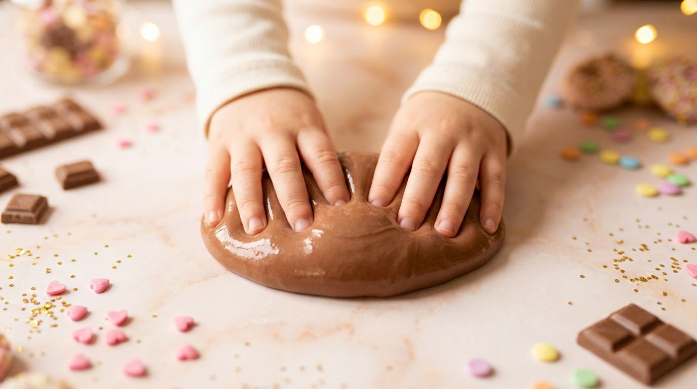 Kid hands stretching chocolate slime into a long elastic strand